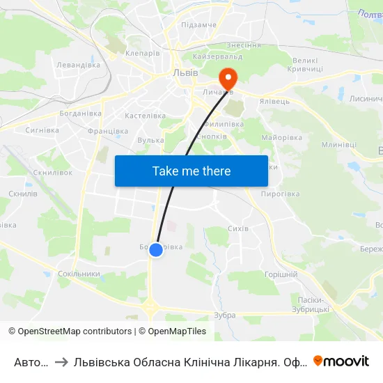Автовокзал to Львівська Обласна Клінічна Лікарня. Офтальмологічне Відділення. Стаціонар. map