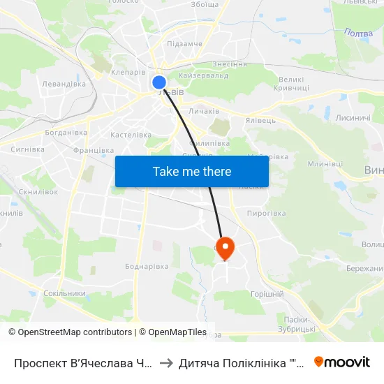 Проспект В’Ячеслава Чорновола to Дитяча Поліклініка ""Веселка"" map