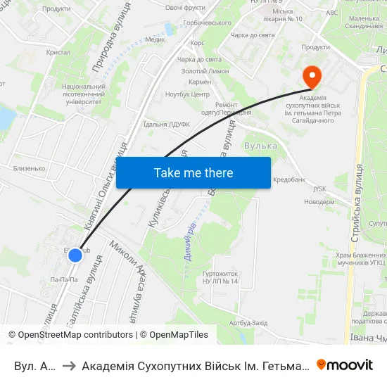 Вул. Аркаса to Академія Сухопутних Військ Ім. Гетьмана Петра Сагайдачного map