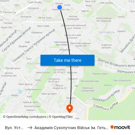 Вул. Устияновича to Академія Сухопутних Військ Ім. Гетьмана Петра Сагайдачного map