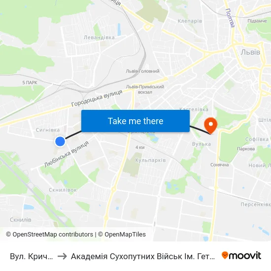 Вул. Кричевського to Академія Сухопутних Військ Ім. Гетьмана Петра Сагайдачного map