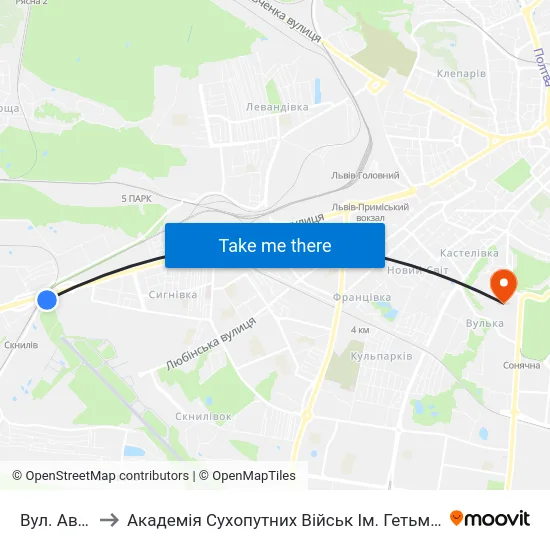 Вул. Авіаційна to Академія Сухопутних Військ Ім. Гетьмана Петра Сагайдачного map