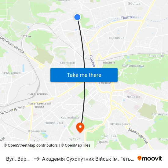 Вул. Варшавська to Академія Сухопутних Військ Ім. Гетьмана Петра Сагайдачного map
