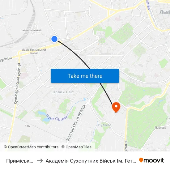 Приміський Вокзал to Академія Сухопутних Військ Ім. Гетьмана Петра Сагайдачного map