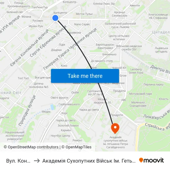 Вул. Коновальця to Академія Сухопутних Військ Ім. Гетьмана Петра Сагайдачного map