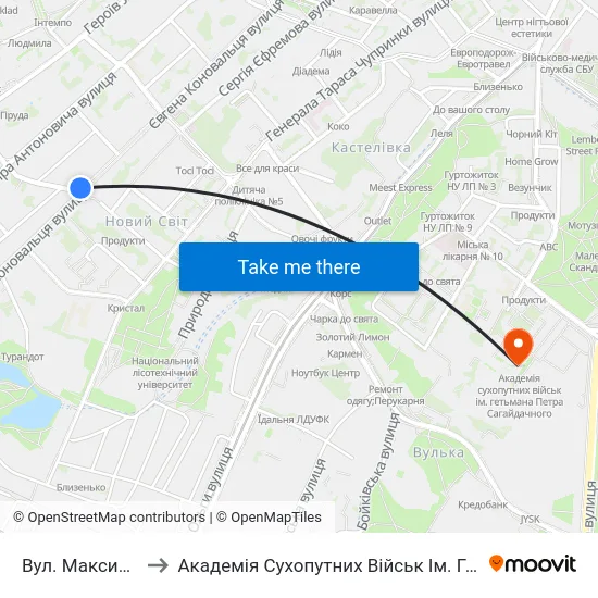 Вул. Максима Залізняка to Академія Сухопутних Військ Ім. Гетьмана Петра Сагайдачного map