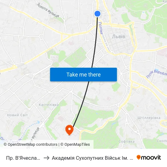 Пр. В'Ячеслава Чорновола to Академія Сухопутних Військ Ім. Гетьмана Петра Сагайдачного map