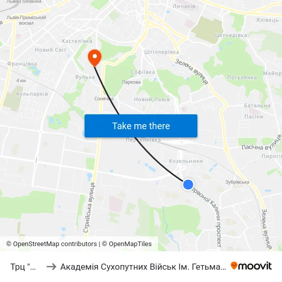 Трц "Шувар" to Академія Сухопутних Військ Ім. Гетьмана Петра Сагайдачного map