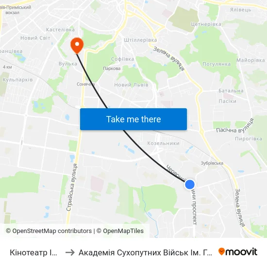 Кінотеатр Ім. Довженка to Академія Сухопутних Військ Ім. Гетьмана Петра Сагайдачного map