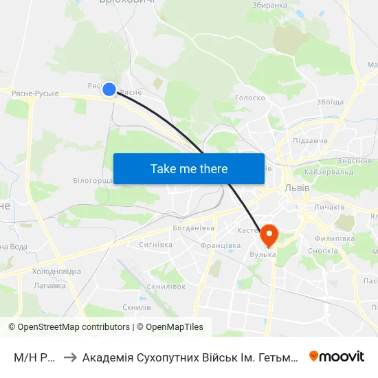 М/Н Рясне-2 to Академія Сухопутних Військ Ім. Гетьмана Петра Сагайдачного map