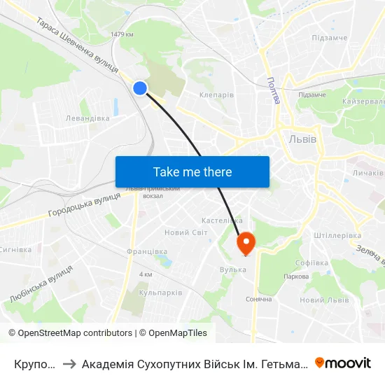 Крупозавод to Академія Сухопутних Військ Ім. Гетьмана Петра Сагайдачного map