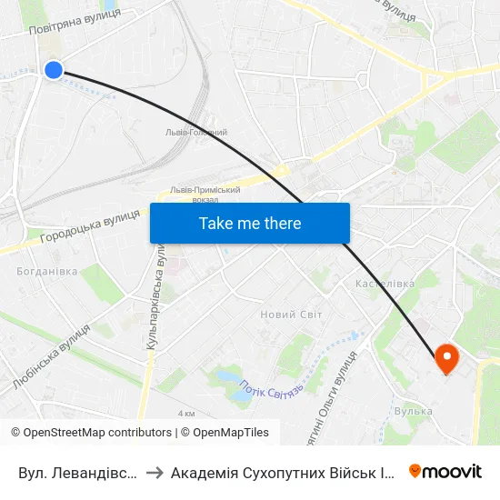Вул. Левандівська - Вул. Широка to Академія Сухопутних Військ Ім. Гетьмана Петра Сагайдачного map