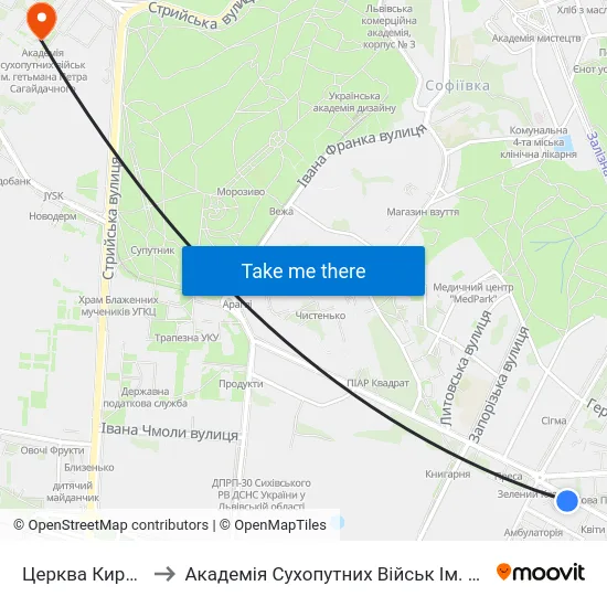 Церква Кирила І Мефодія to Академія Сухопутних Військ Ім. Гетьмана Петра Сагайдачного map