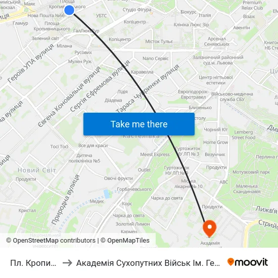 Пл. Кропивницького to Академія Сухопутних Військ Ім. Гетьмана Петра Сагайдачного map