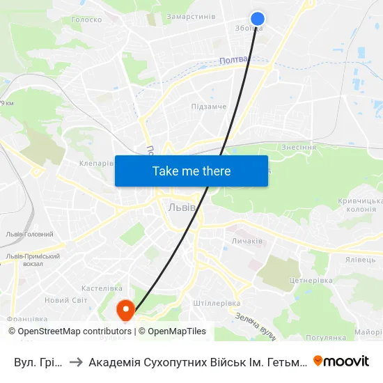 Вул. Грінченка to Академія Сухопутних Військ Ім. Гетьмана Петра Сагайдачного map