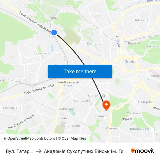 Вул. Татарбунарська to Академія Сухопутних Військ Ім. Гетьмана Петра Сагайдачного map