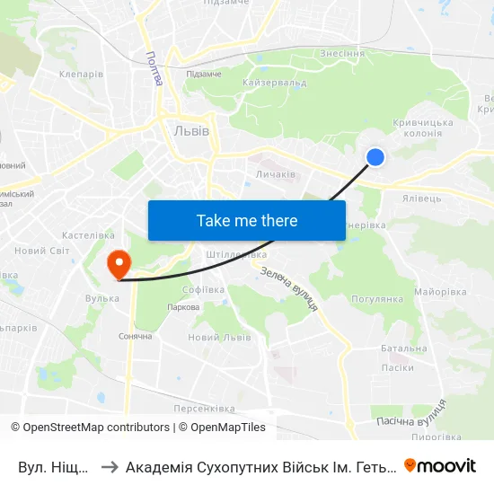 Вул. Ніщинського to Академія Сухопутних Військ Ім. Гетьмана Петра Сагайдачного map