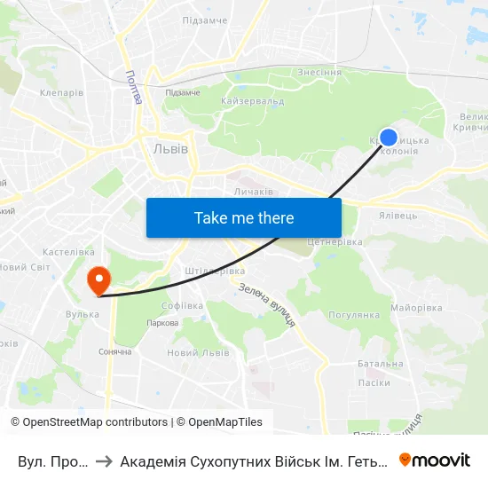 Вул. Прогулкова to Академія Сухопутних Військ Ім. Гетьмана Петра Сагайдачного map