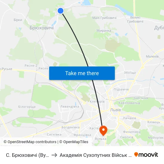С. Брюховичі (Вул. Січових Стрільців) to Академія Сухопутних Військ Ім. Гетьмана Петра Сагайдачного map