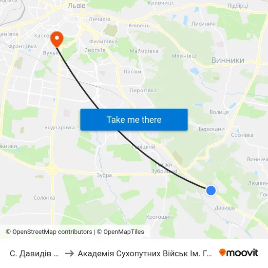 С. Давидів (На Вимогу) to Академія Сухопутних Військ Ім. Гетьмана Петра Сагайдачного map