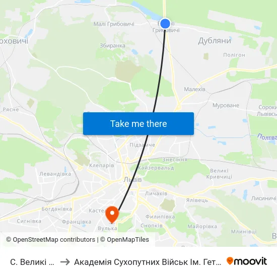 С. Великі Грибовичі to Академія Сухопутних Військ Ім. Гетьмана Петра Сагайдачного map