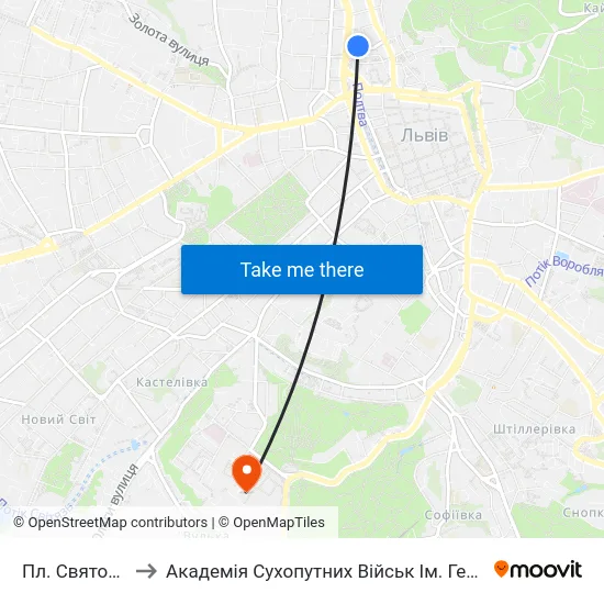 Пл. Святого Теодора to Академія Сухопутних Військ Ім. Гетьмана Петра Сагайдачного map