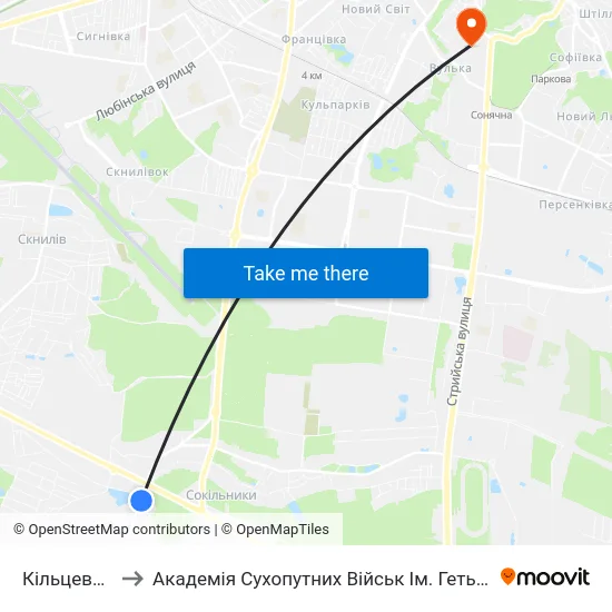 Кільцева Дорога to Академія Сухопутних Військ Ім. Гетьмана Петра Сагайдачного map