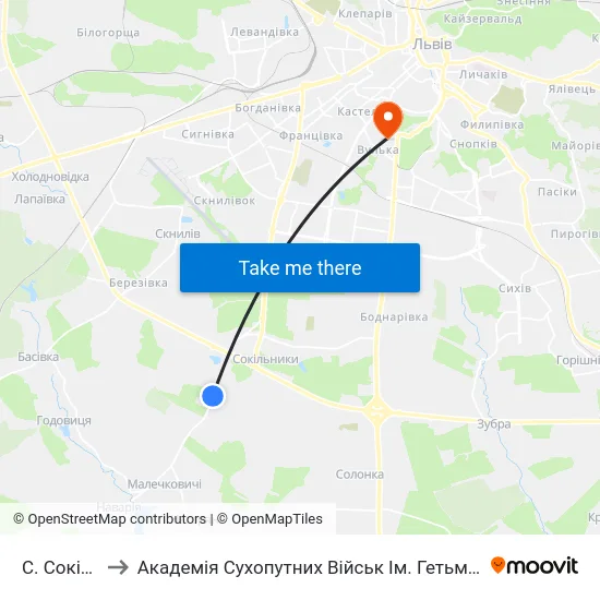 С. Сокільники to Академія Сухопутних Військ Ім. Гетьмана Петра Сагайдачного map