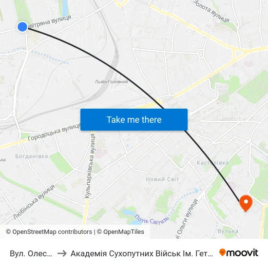 Вул. Олесницького to Академія Сухопутних Військ Ім. Гетьмана Петра Сагайдачного map