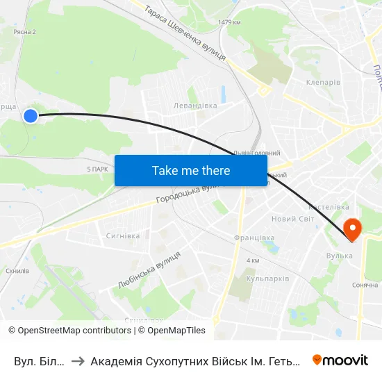 Вул. Білогорща to Академія Сухопутних Військ Ім. Гетьмана Петра Сагайдачного map