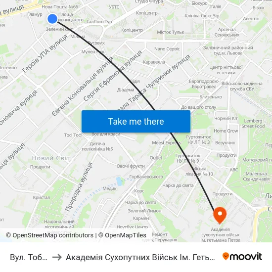 Вул. Тобілевича to Академія Сухопутних Військ Ім. Гетьмана Петра Сагайдачного map