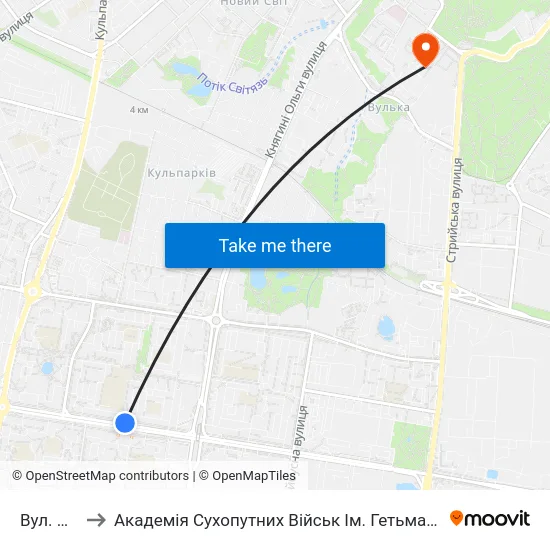 Вул. Пулюя to Академія Сухопутних Військ Ім. Гетьмана Петра Сагайдачного map
