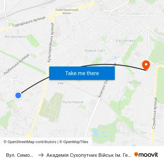 Вул. Симона Петлюри to Академія Сухопутних Військ Ім. Гетьмана Петра Сагайдачного map