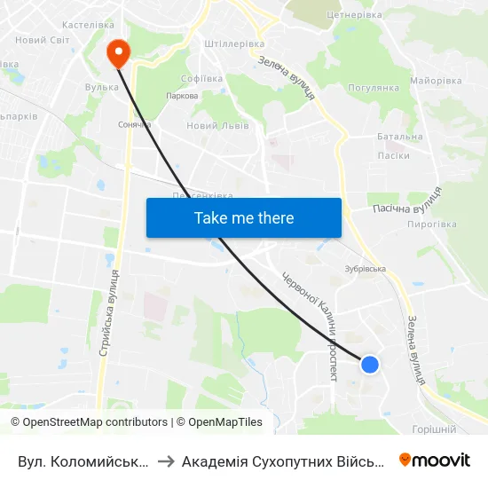 Вул. Коломийська - Вул. Трильовського to Академія Сухопутних Військ Ім. Гетьмана Петра Сагайдачного map