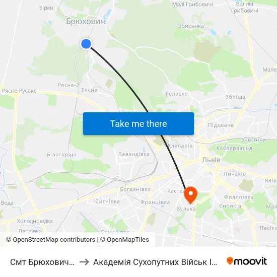 Смт Брюховичі (Вул. Смолиста) to Академія Сухопутних Військ Ім. Гетьмана Петра Сагайдачного map
