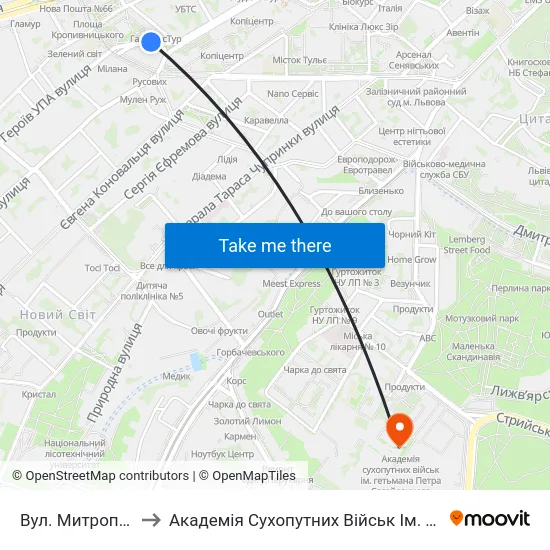 Вул. Митрополита Андрея to Академія Сухопутних Військ Ім. Гетьмана Петра Сагайдачного map