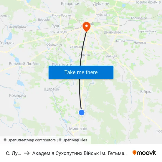 С. Луб'Яне to Академія Сухопутних Військ Ім. Гетьмана Петра Сагайдачного map