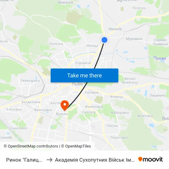 Ринок "Галицьке Перехрестя" to Академія Сухопутних Військ Ім. Гетьмана Петра Сагайдачного map