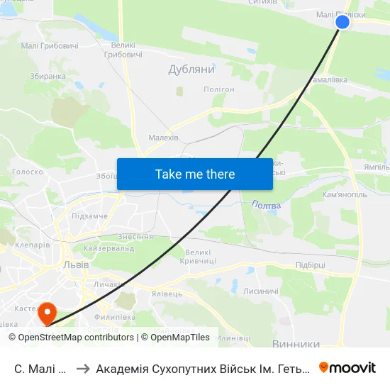 С. Малі Підліски to Академія Сухопутних Військ Ім. Гетьмана Петра Сагайдачного map