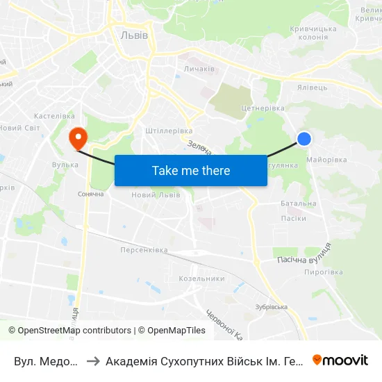 Вул. Медової Печери to Академія Сухопутних Військ Ім. Гетьмана Петра Сагайдачного map