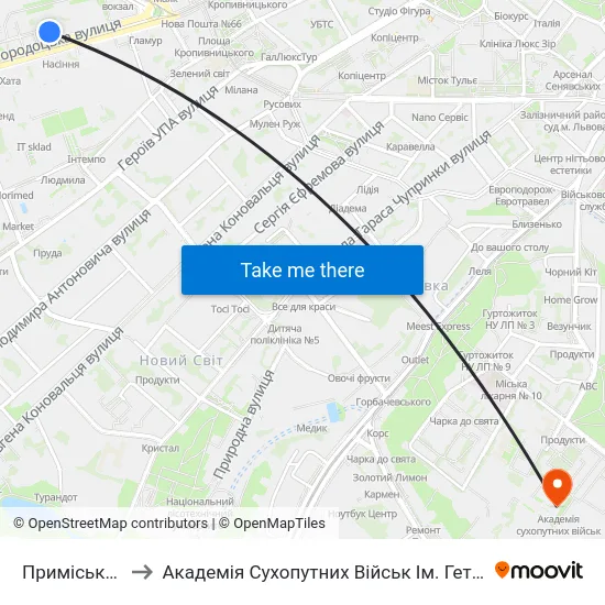Приміський Вокзал to Академія Сухопутних Військ Ім. Гетьмана Петра Сагайдачного map