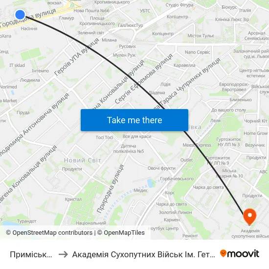 Приміський Вокзал to Академія Сухопутних Військ Ім. Гетьмана Петра Сагайдачного map