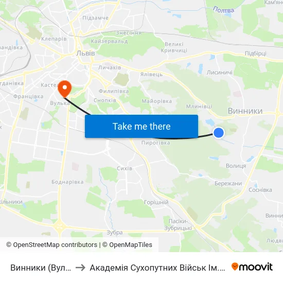 Винники (Вул. Ломоносова) to Академія Сухопутних Військ Ім. Гетьмана Петра Сагайдачного map