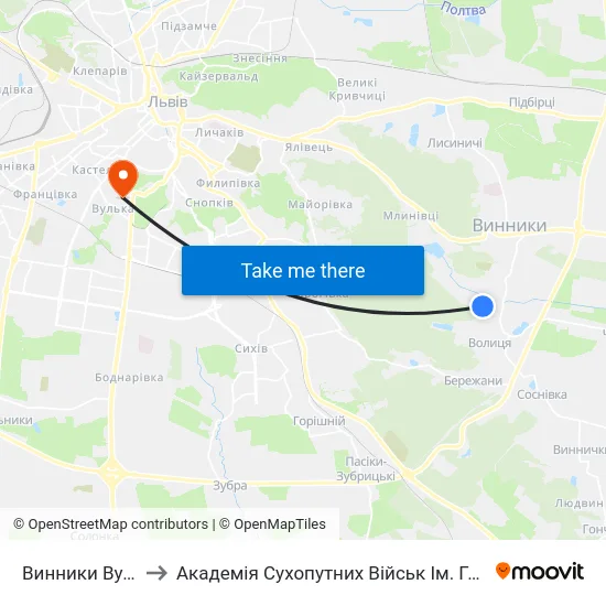 Винники Вул. Козацька to Академія Сухопутних Військ Ім. Гетьмана Петра Сагайдачного map