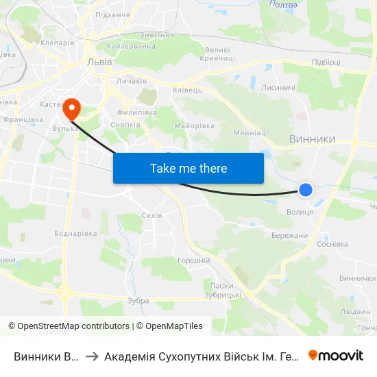 Винники Вул. Забава to Академія Сухопутних Військ Ім. Гетьмана Петра Сагайдачного map
