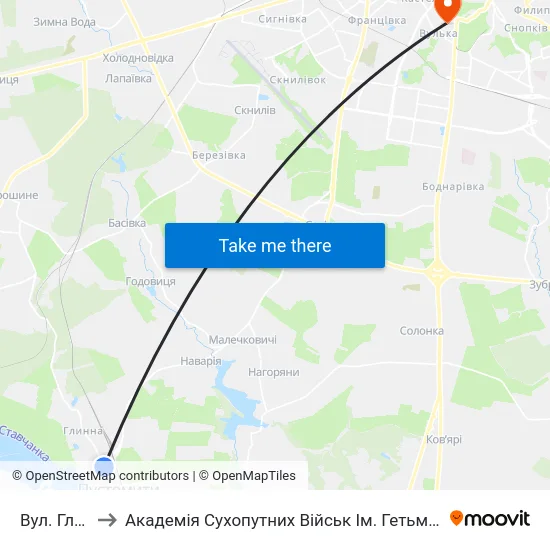 Вул. Глинська to Академія Сухопутних Військ Ім. Гетьмана Петра Сагайдачного map