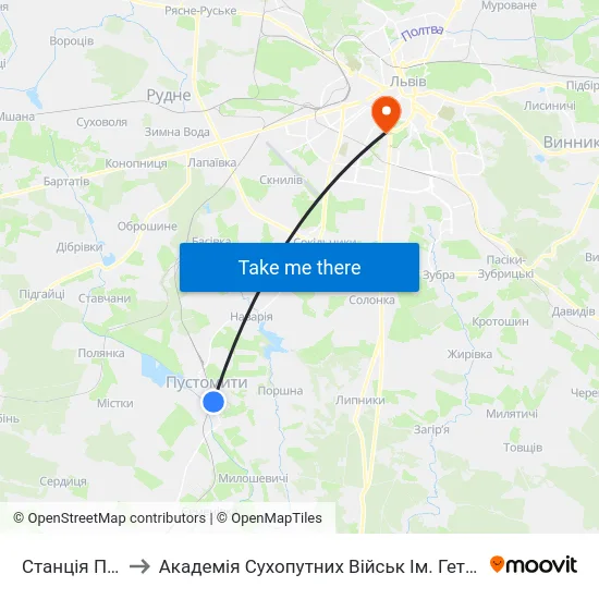Станція Пустомити to Академія Сухопутних Військ Ім. Гетьмана Петра Сагайдачного map