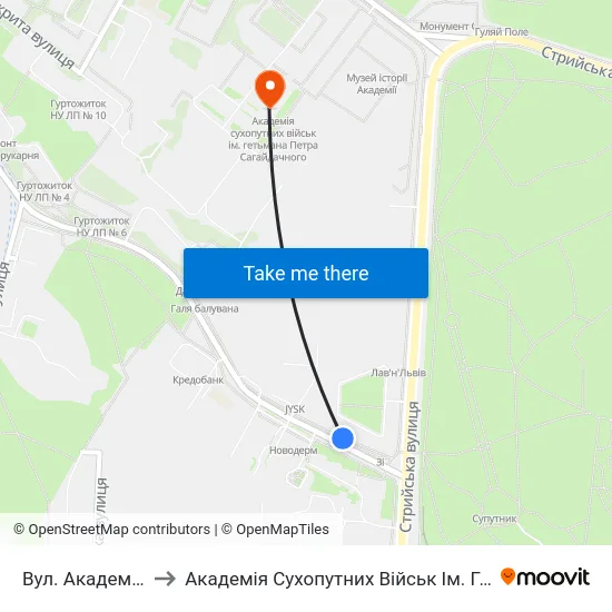 Вул. Академіка Сахарова to Академія Сухопутних Військ Ім. Гетьмана Петра Сагайдачного map