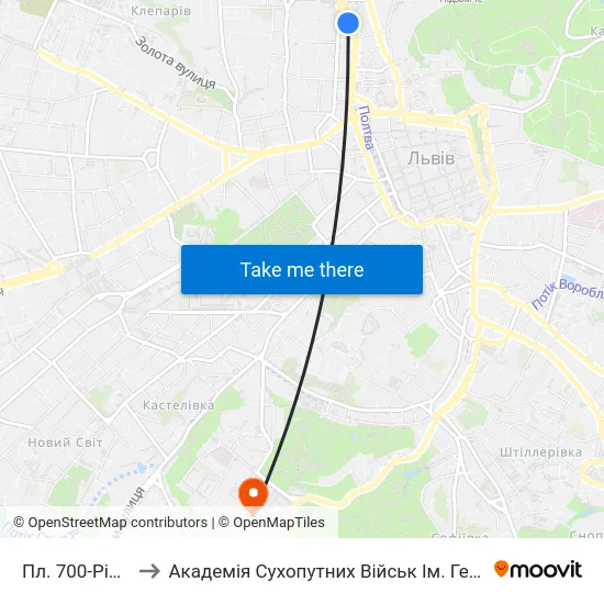 Пл. 700-Річчя Львова to Академія Сухопутних Військ Ім. Гетьмана Петра Сагайдачного map