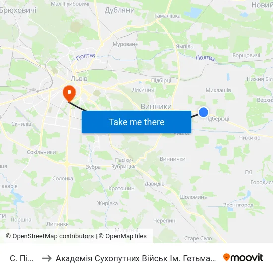 С. Підгірне to Академія Сухопутних Військ Ім. Гетьмана Петра Сагайдачного map